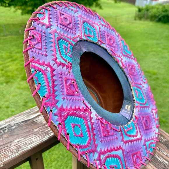 Hand Burned Distressed Rancher Hat with Aztec Cotton Candy Genuine Leather - Picture 6 of 6